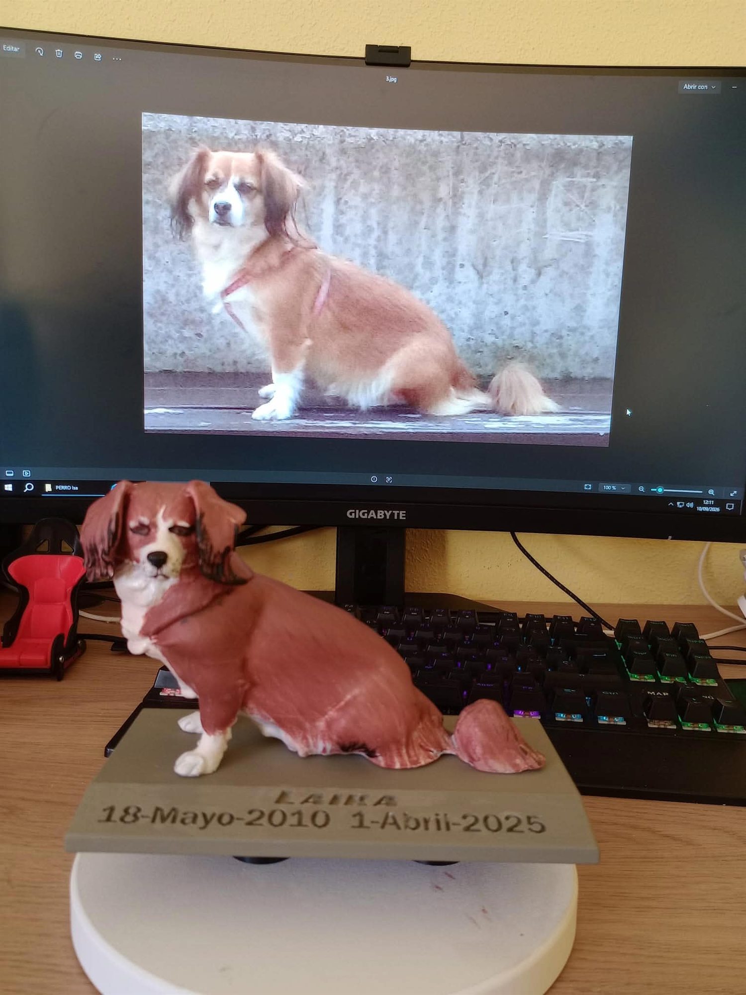 Figura de un perro junto a la foto del perro real